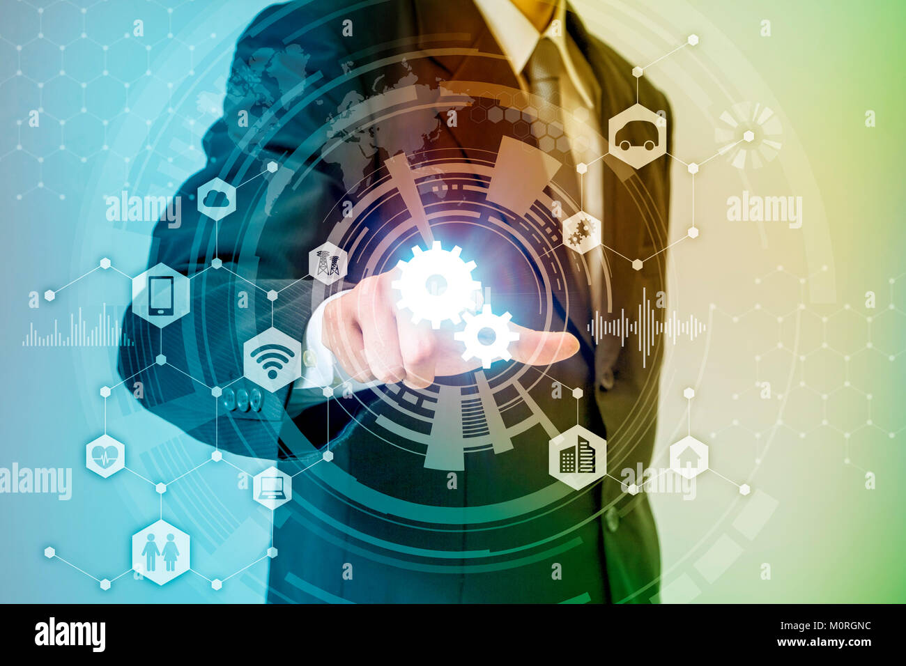 business person pointing symbolic icon, internet of things, conceptual abstract Stock Photo