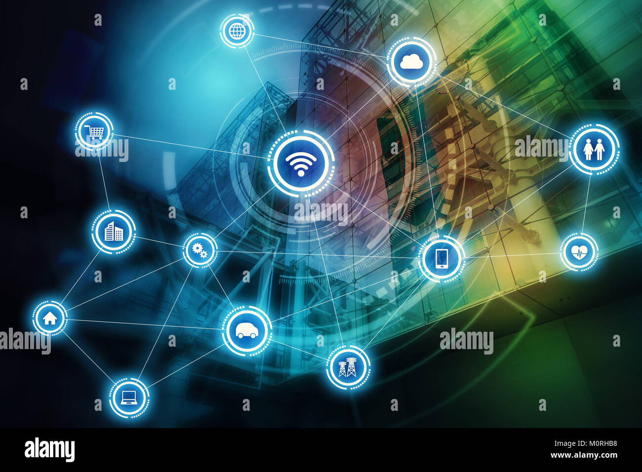 smart building and wireless communication network, abstract image visual, internet of things Stock Photo