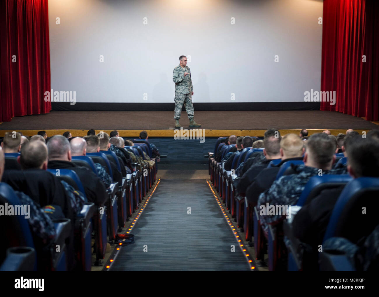 BANGOR, Wash. (Jan. 18, 2018) - U.S. Air Force Gen. John Hyten, commander of U.S. Strategic Command, speaks at an all hands call for over 350 Sailors, Marines, and civilians in the base theater at Naval Base Kitsap-Bangor, Wash., Jan 18, 2018. Hyten visited staff and facilities assigned to Commander Submarine Group 9  at Naval Base Kitsap-Bangor to see the operations of one leg of the nuclear triad.  (U.S. Navy Stock Photo