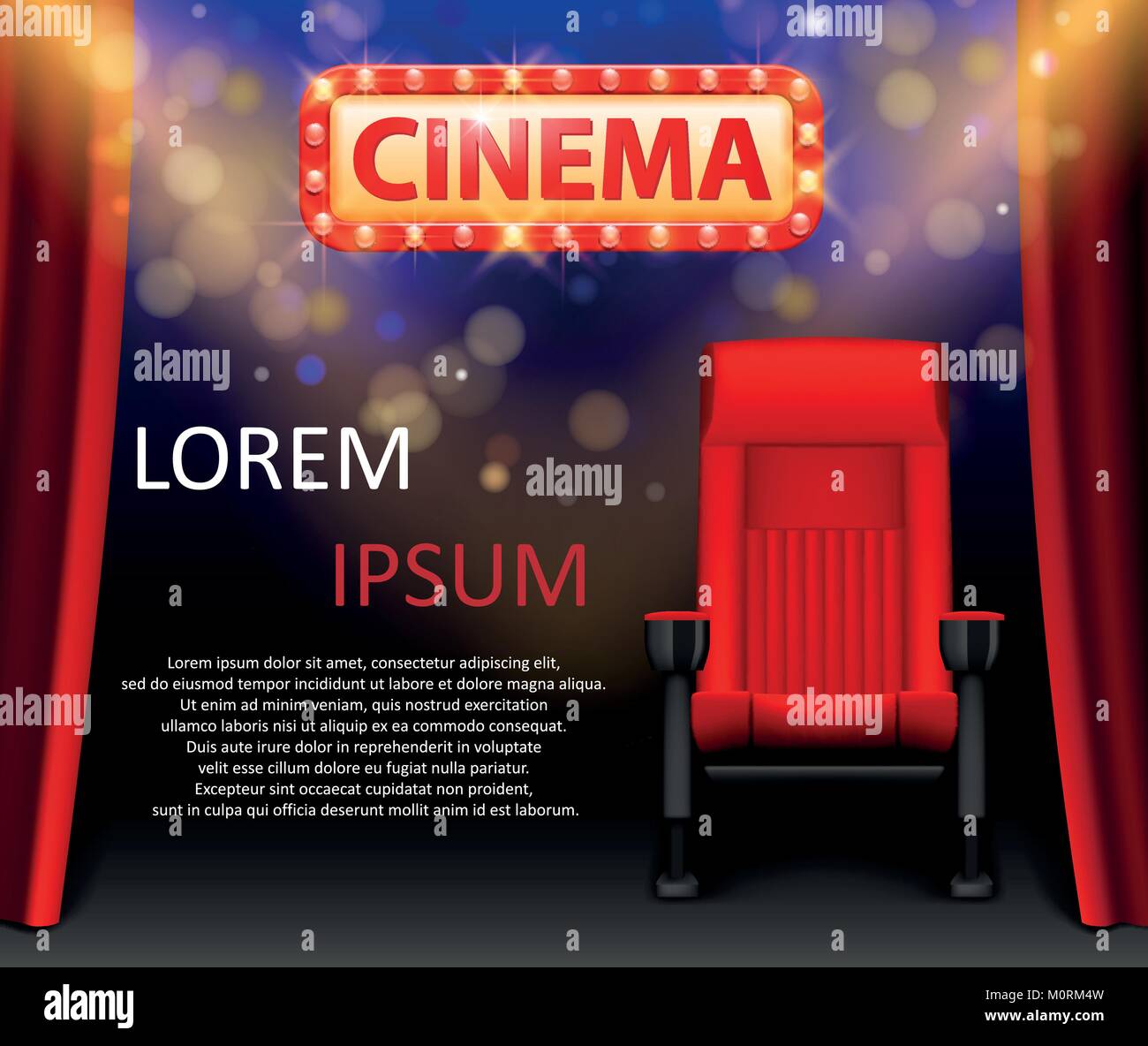 Cinema show design with lights scene and red seats in Retro style. Poster for concert, party, theater. Theater premiere Poster Template with Lights. vector illustration Stock Vector
