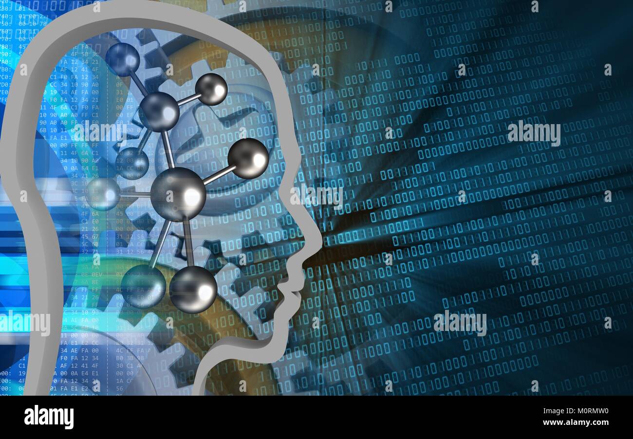 3d illustration of molecule over binary background with gears Stock ...