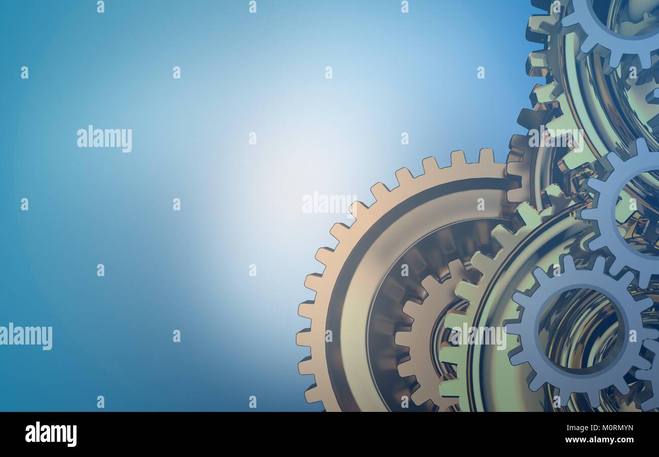 3d illustration of over blue background with gears system Stock Photo ...