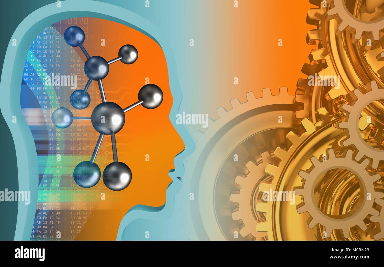 3d illustration of molecule over orange background with gears system ...