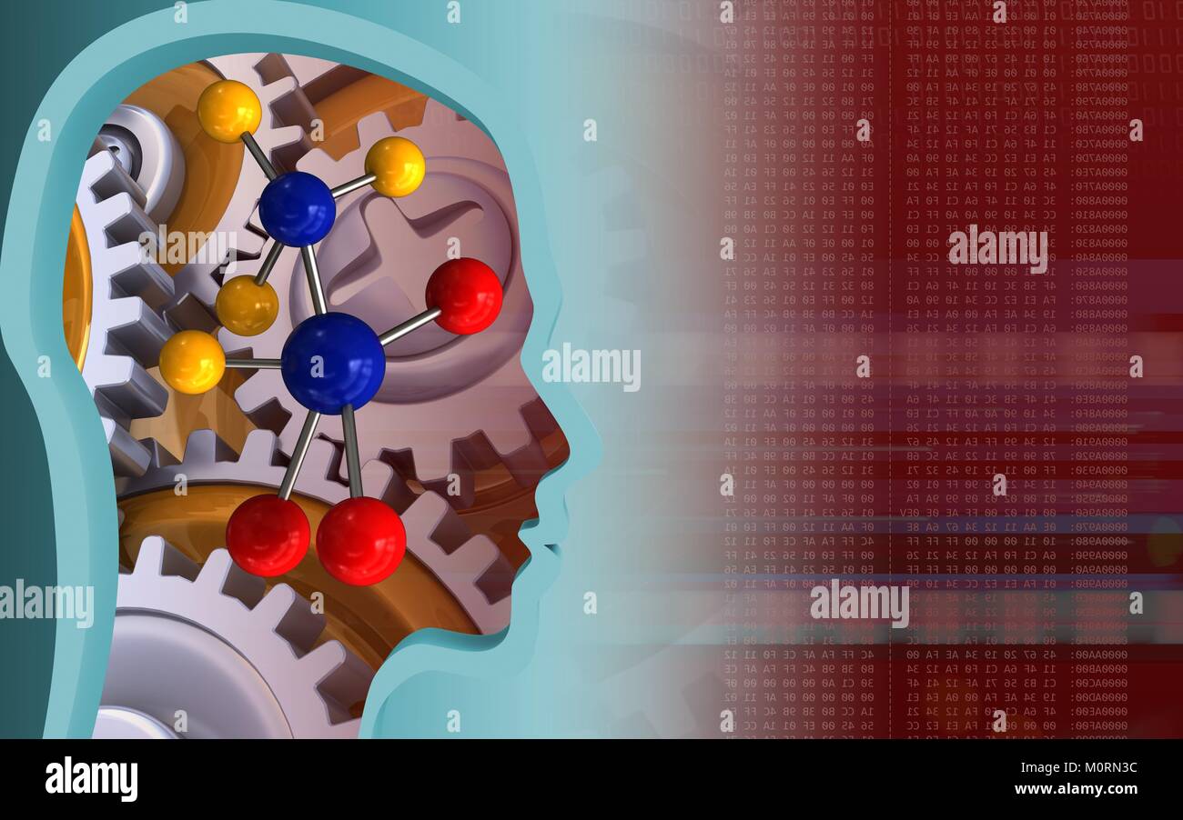3d illustration of molecule over red background with gears Stock Photo ...