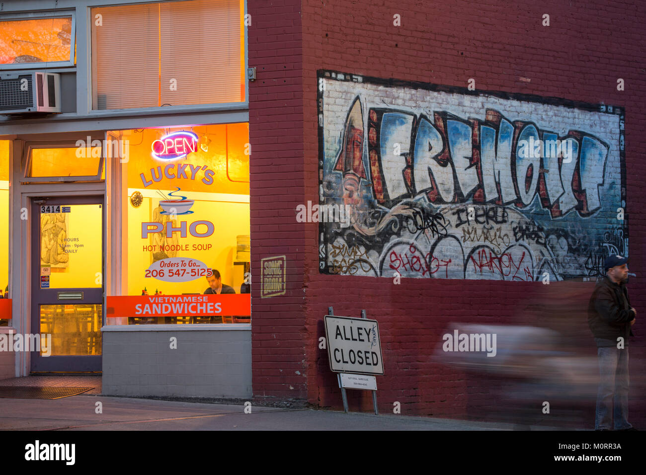 United States, Washington, Seattle, Fremont, restaurant, graffiti. Stock Photo
