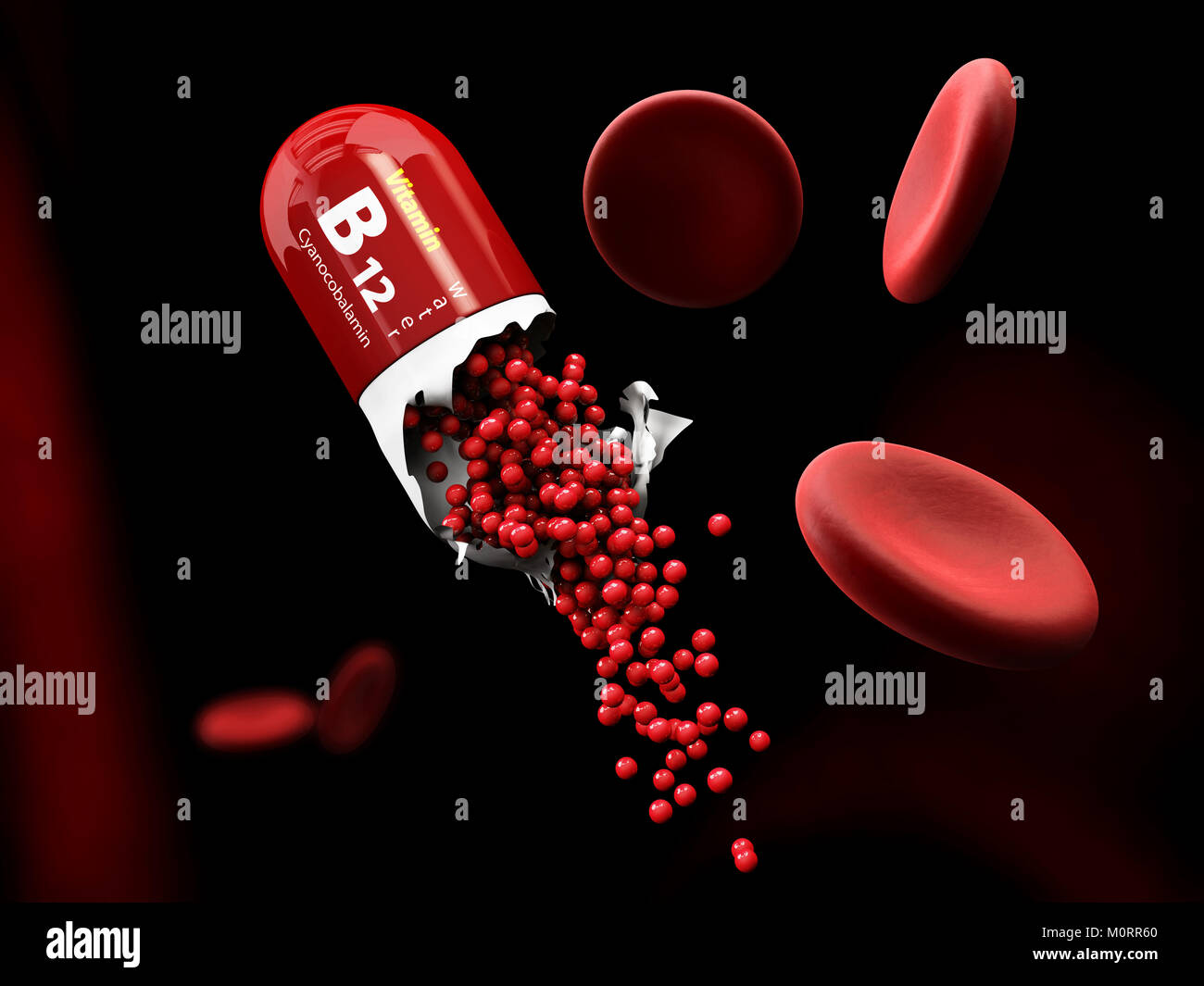 3d Illustration of Vitamin B12 Capsule dissolves in the stomach Stock