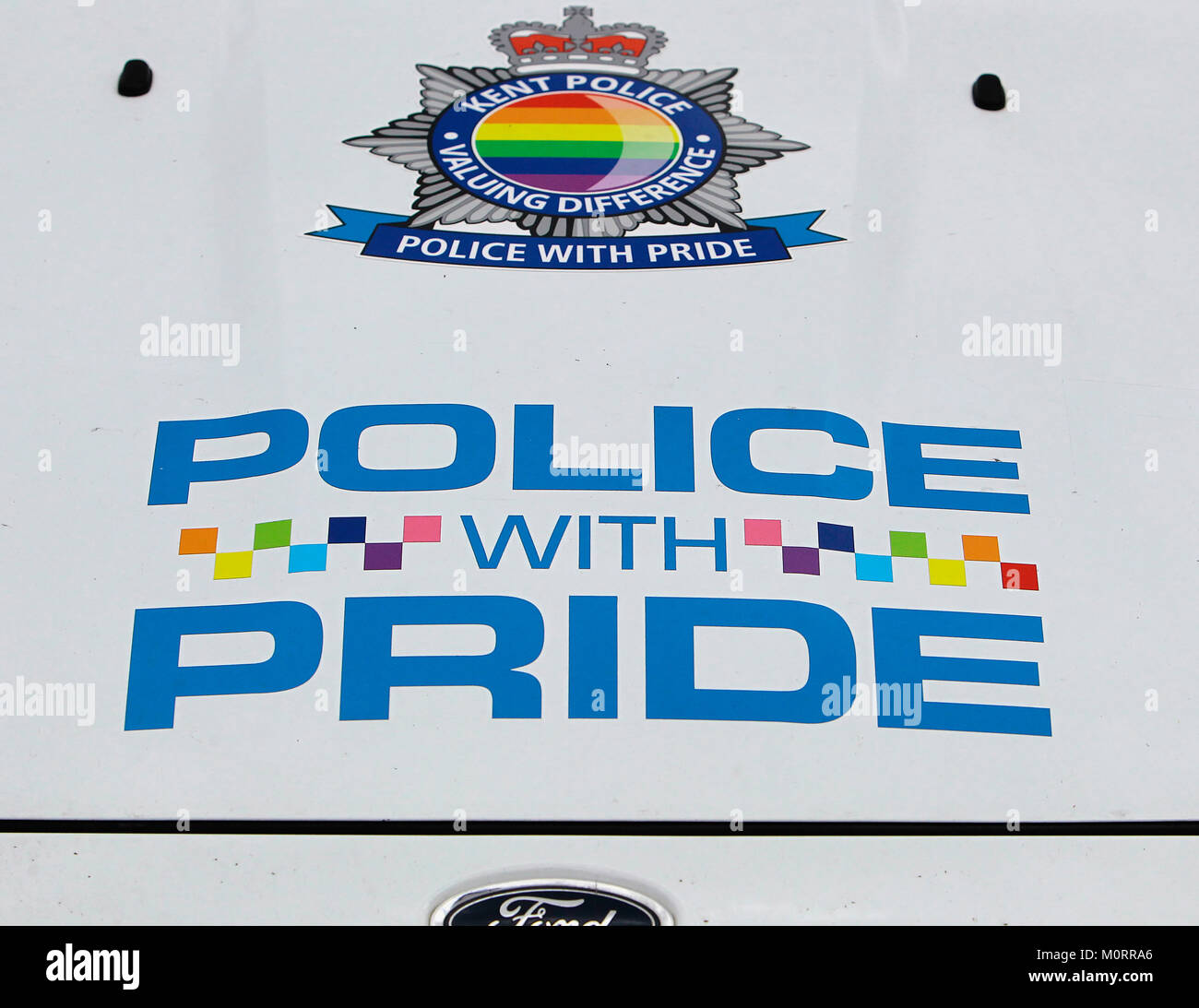 England, London, Police car Bonnet sign written for a Gay Pride March. Stock Photo