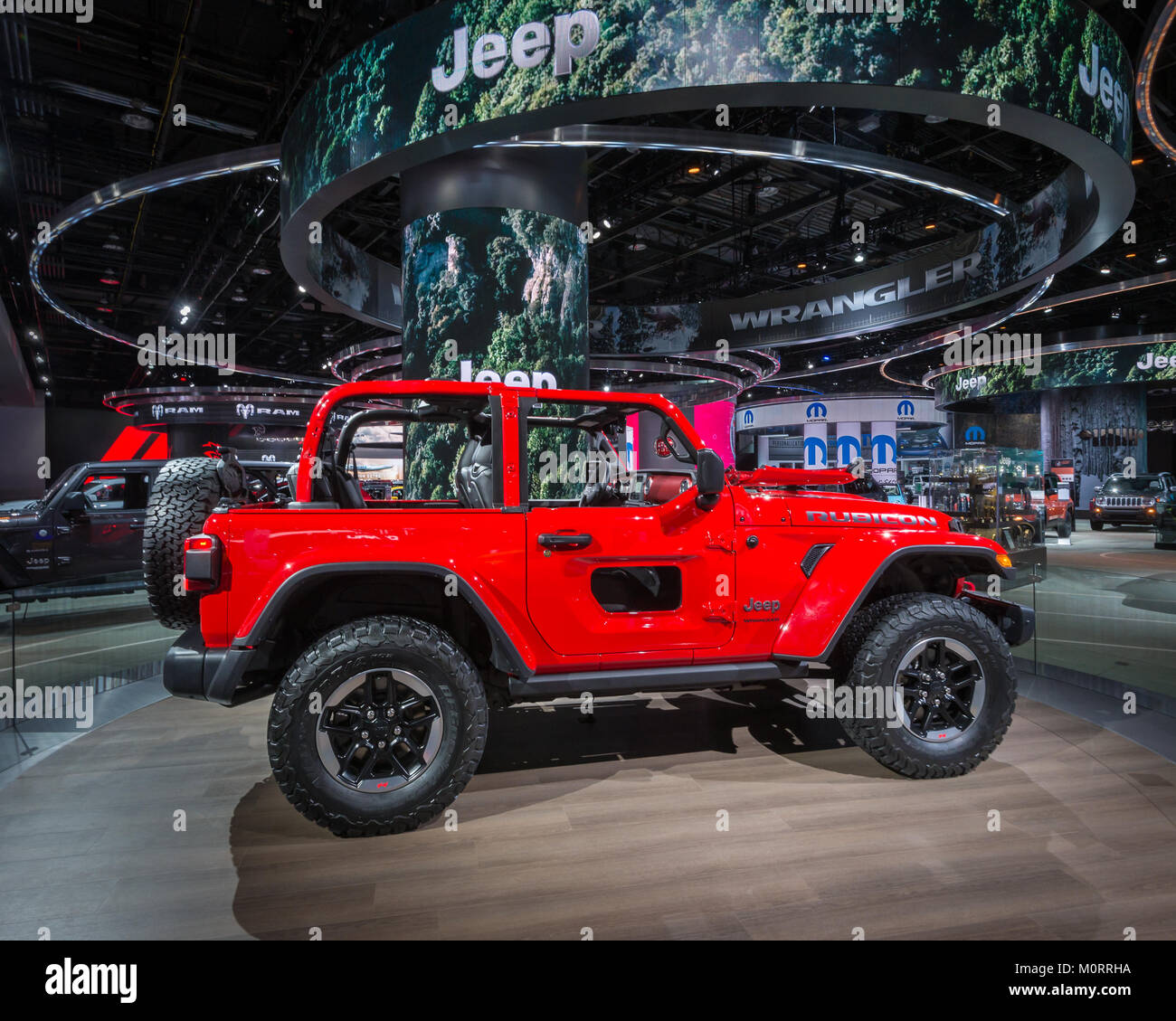 DETROIT, MI/USA - JANUARY 17, 2018: A 2018 Jeep Wrangler Rubicon car at the North American International Auto Show (NAIAS). Stock Photo