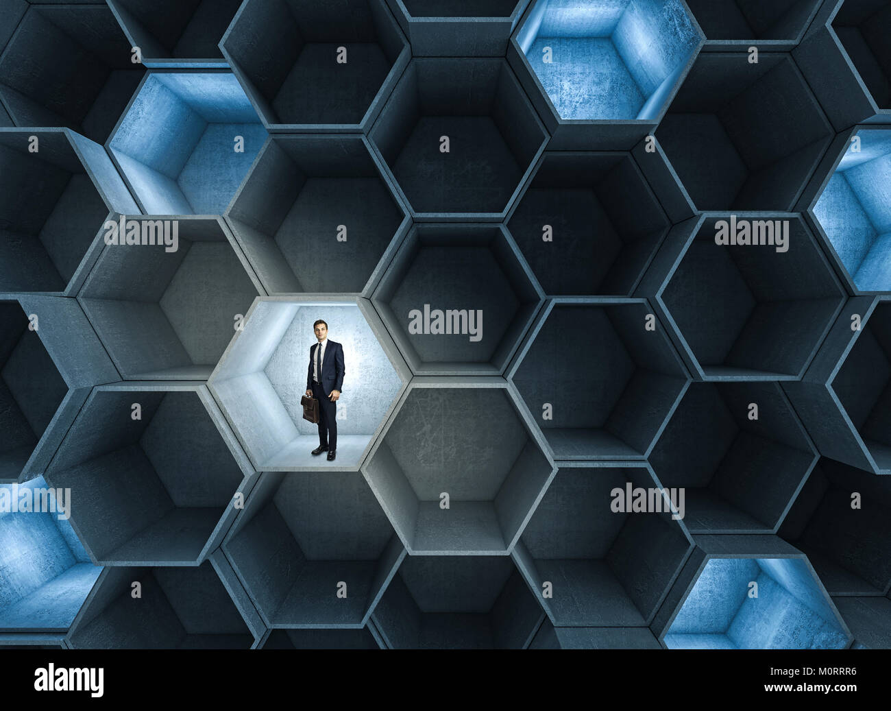 standing businessman in abstract 3d structure hexagon shape Stock Photo ...