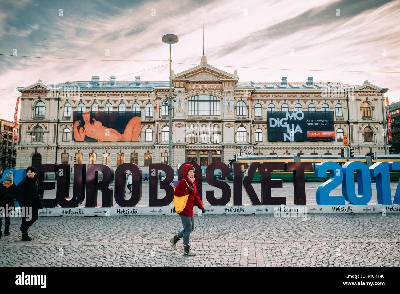 Helsinki, Finland - December 10, 2016: Sign For Eurobasket 2017 On Background Of Art Museum Ateneum. Finnish Capital Hosts The 40th Edition Of Europea Stock Photo