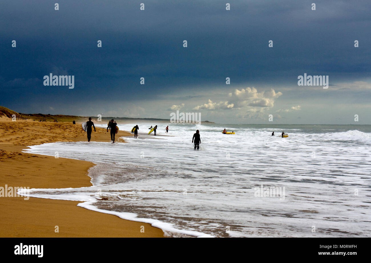 Stormy sky over surfing beach, les Conches, near la Tranche-sur-Mer, Vendée, France Stock Photo