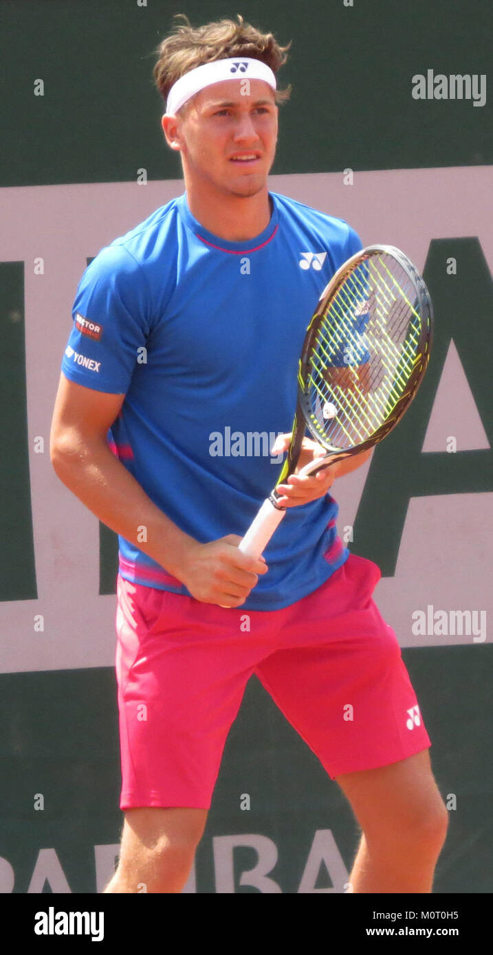 Casper Ruud, a professional tennis player from Norway, participated in the 2017 French Open qualifying rounds. This marked a key moment in his career, showcasing his talents on the clay courts of Roland Garros. Stock Photo