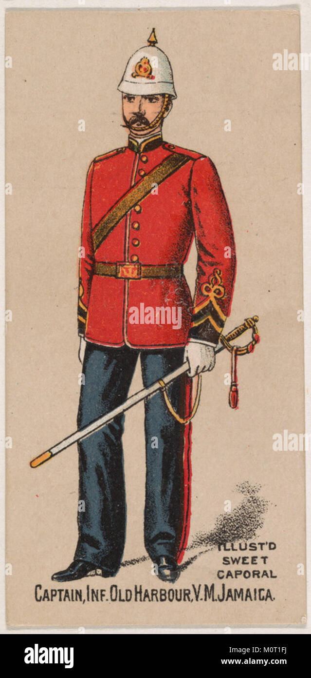 A tobacco card featuring a captain of infantry at Old Harbour, Jamaica,  part of the Military Series issued by Kinney Tobacco Company to promote  Sweet Caporal Cigarettes in the early 20th century