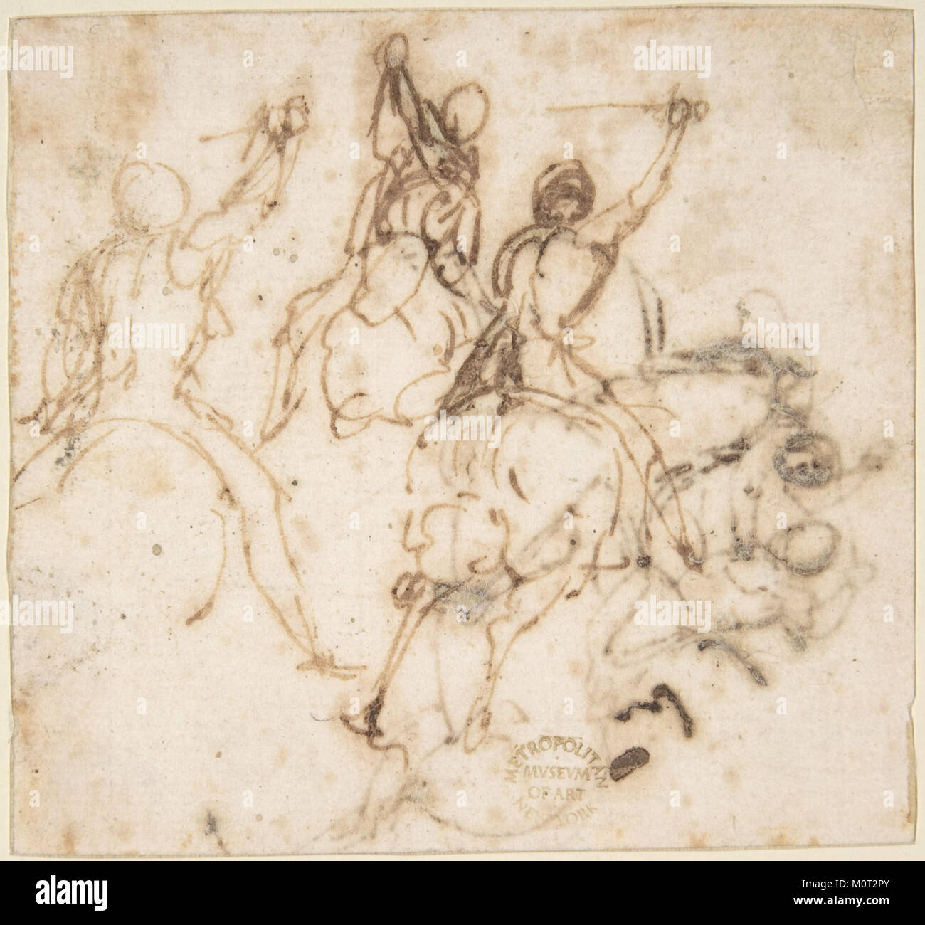 This artwork depicts a cavalry charge, capturing the intensity and movement of mounted troops. The piece showcases the historical significance of cavalry in battle, highlighting the power and speed of mounted soldiers in warfare. Stock Photo