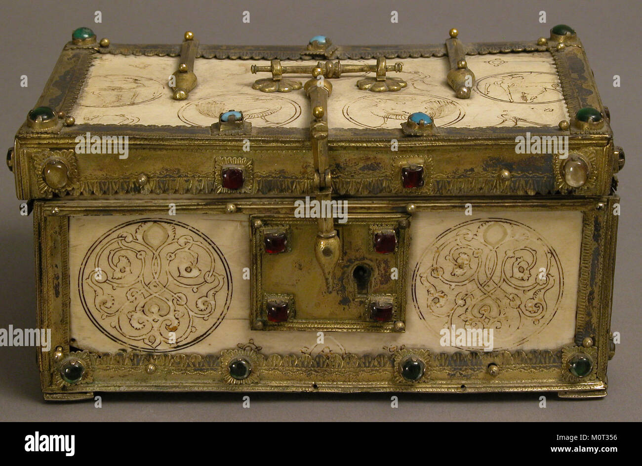 The Casket with Painted Roundels is an artifact from the 1973-90s collection at the MET, featuring painted roundels that highlight its artistic and historical value. Stock Photo