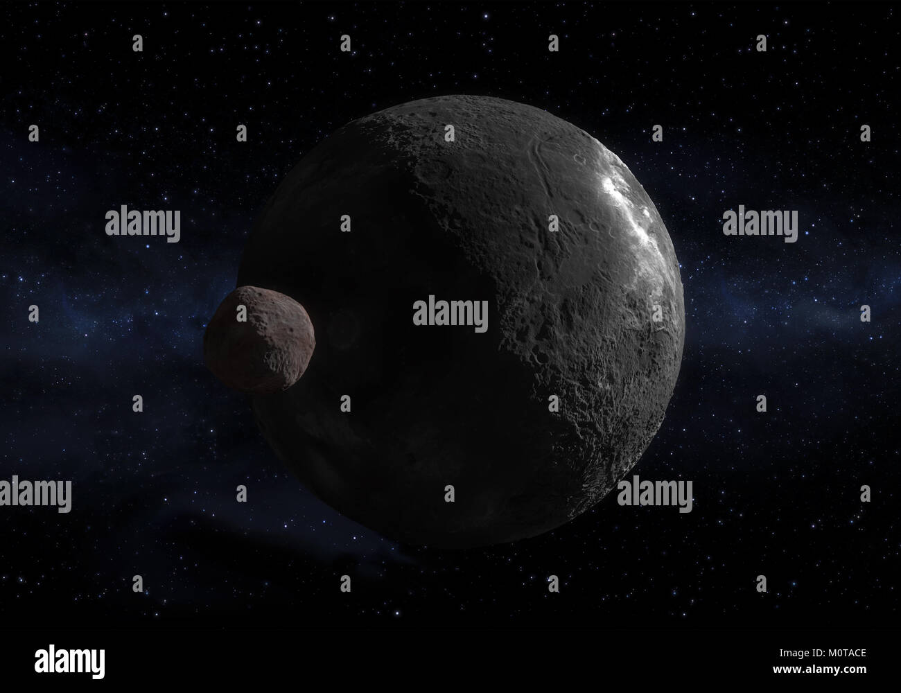 This image is a concept of the Orcus dwarf planet and your moon Vanth in a precise and scientific and artwork design.This is a 3d rendering. Stock Photo