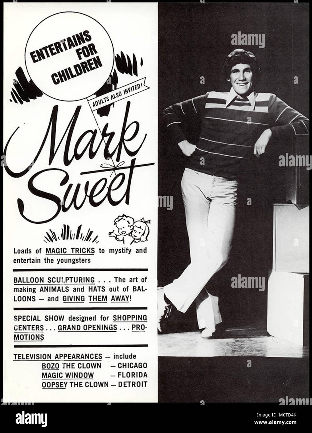 A publicity brochure page featuring the character 'CC Mark-Sweet' from the promotional materials for the 1971 film 'Willy Wonka & the Chocolate Factory'. The brochure showcases the film's branding and marketing efforts prior to its release, highlighting the character's role in the story. Stock Photo
