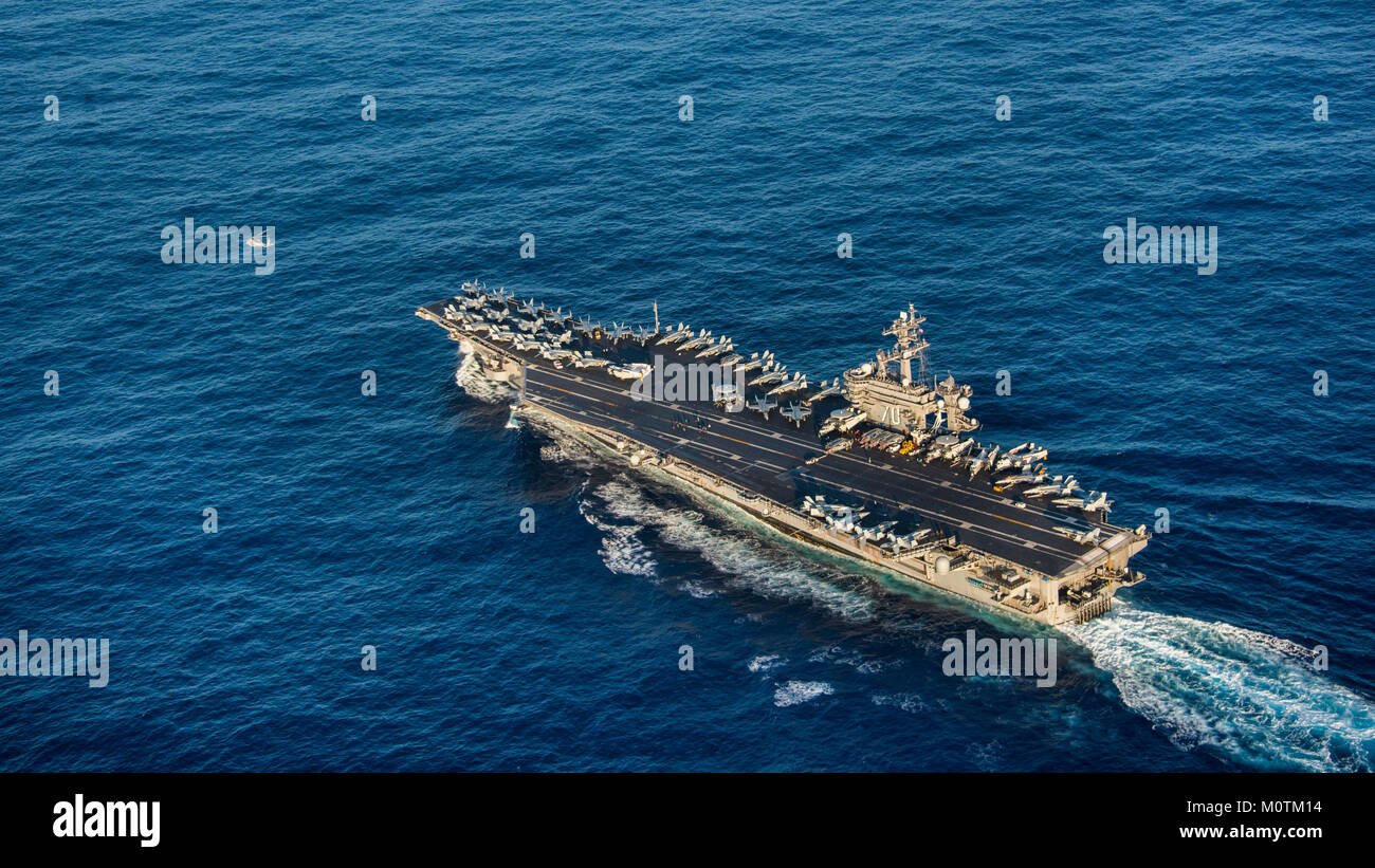 The Nimitz-class aircraft carrier USS Carl Vinson (CVN 70) transits the Pacific Ocean. Carl Vinson Strike Group is currently operating in the Pacific as part of a regularly scheduled deployment. Stock Photo