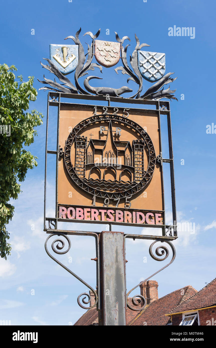 Village sign, George Hill, Robertsbridge, East Sussex, England, United Kingdom Stock Photo