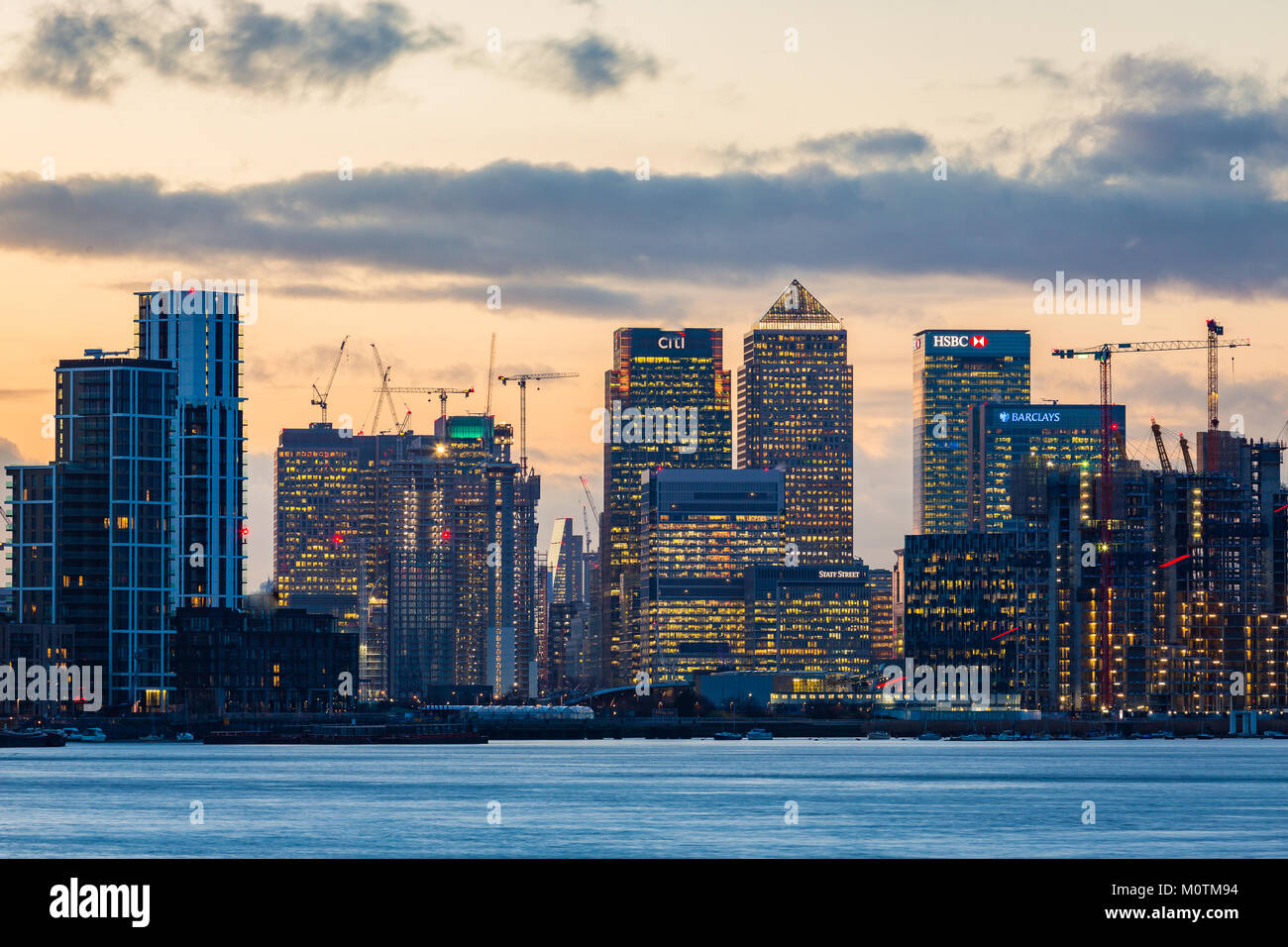 Financial towers of Canary Wharf in the distant with Thames in ...