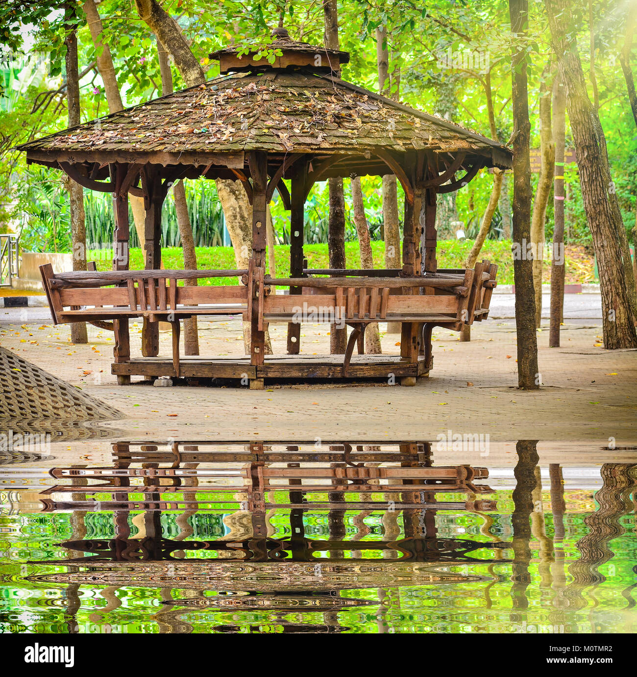Wooden Garden Gazebo in public park near water poor Stock Photo Alamy