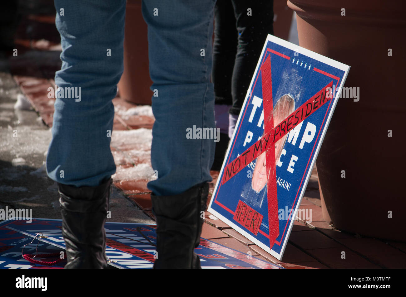 protesters in all forms rally at the Women's March in Dayton, Ohio on January 20th 2018.  Homemade signs were scattered through out the large crowd. Stock Photo