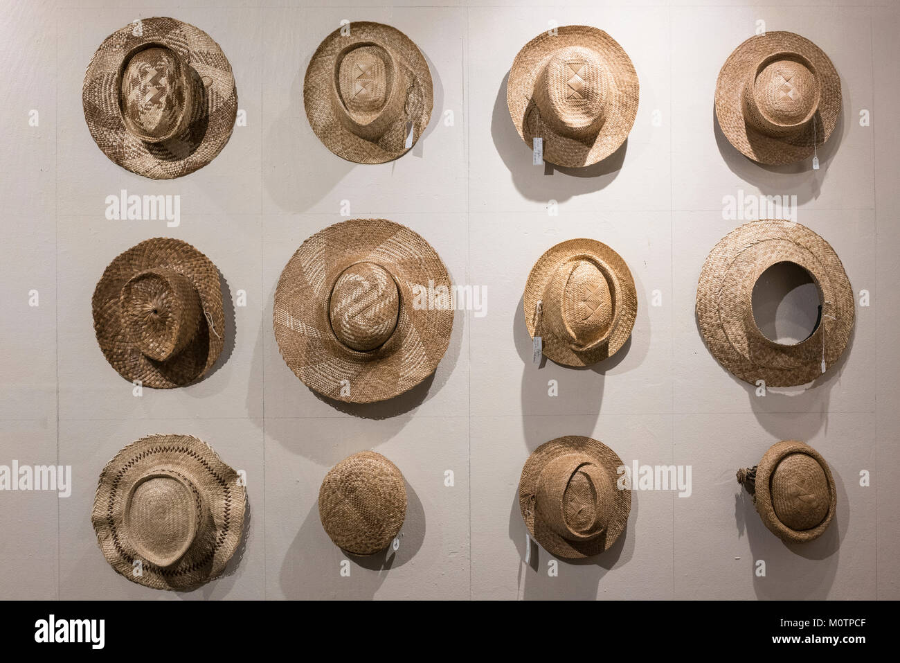 Hand made lauhala hats on display in Hawaii as art objects Stock Photo