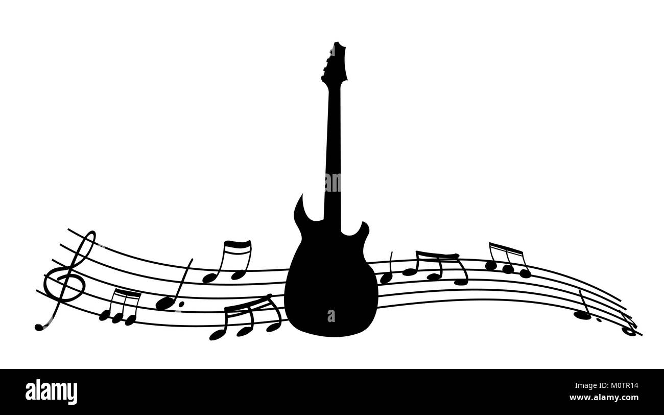 Black silhouette of the guitar and music notes. Stock Vector