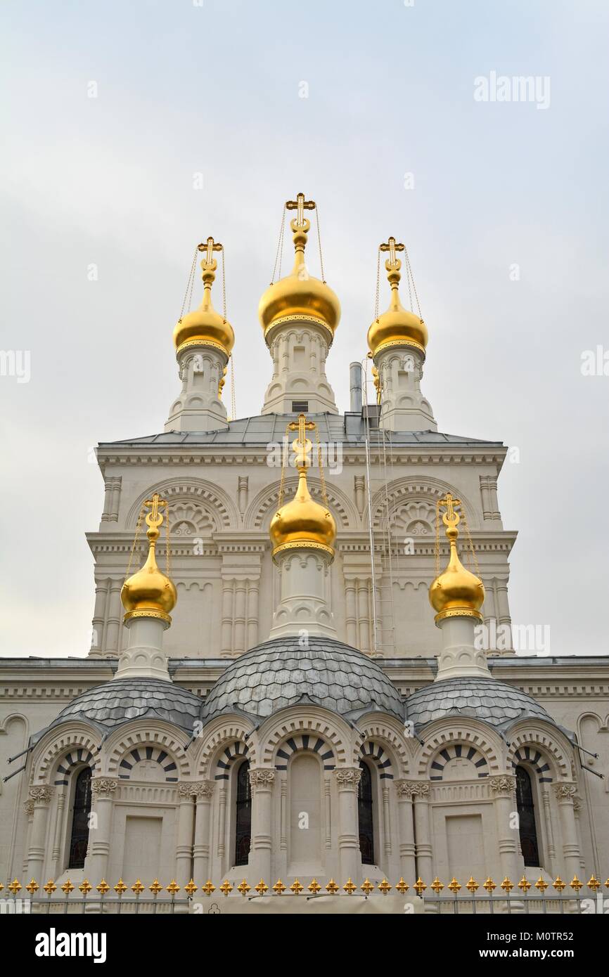 Frontal view of the 150 year old Greek Orthodox Church in Geneva, Switzerland, with its golden domes and clearly byzantine architecture. Stock Photo