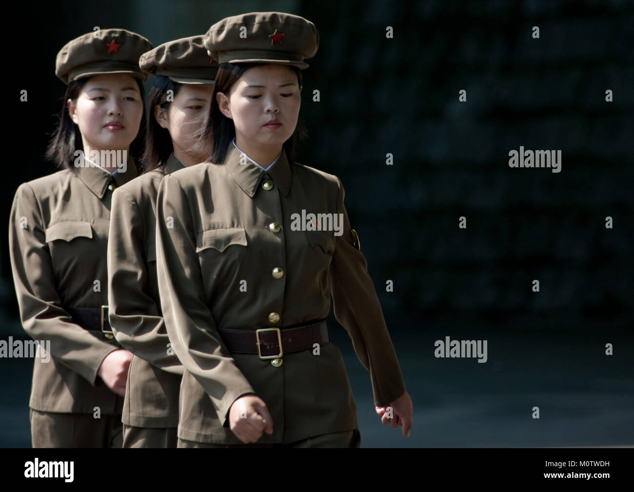 North Korean female soldiers marching in line, North Pyongan Province, Myohyang-san, North Korea Stock Photo