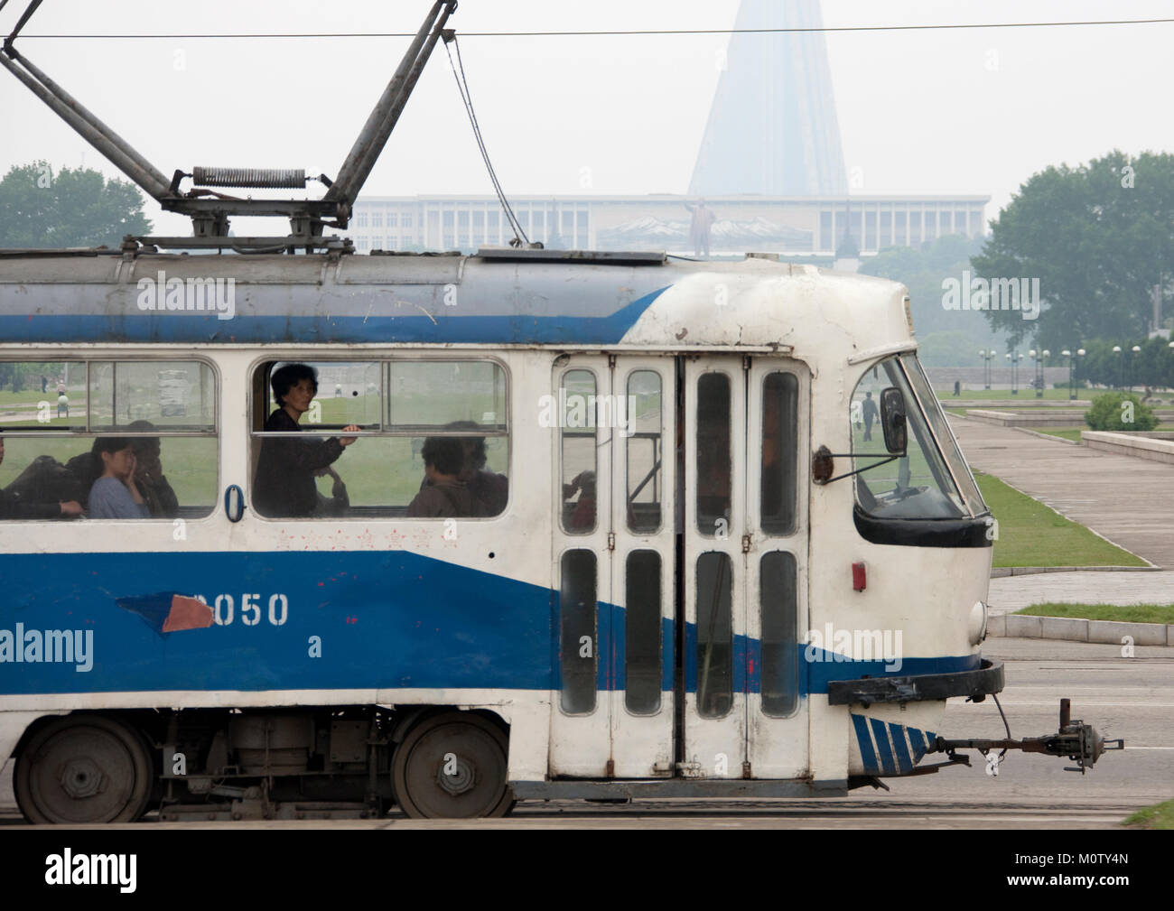 Blue tramway in the city, Pyongan Province, Pyongyang, North Korea ...