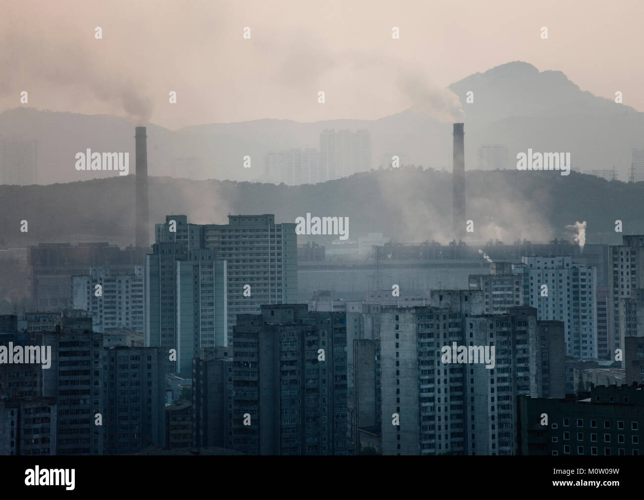 Pollution of a coal factory in the town, Pyongan Province, Pyongyang, North Korea Stock Photo