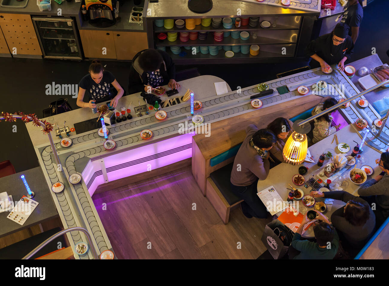 Japanese (conveyor self-service type) restaurant Stock Photo