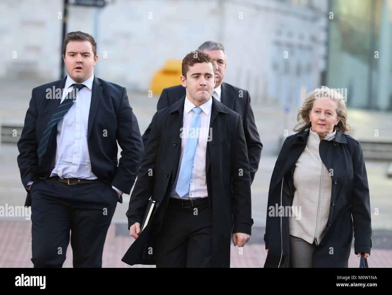 Ireland and Ulster rugby player Paddy Jackson (centre) arrives at