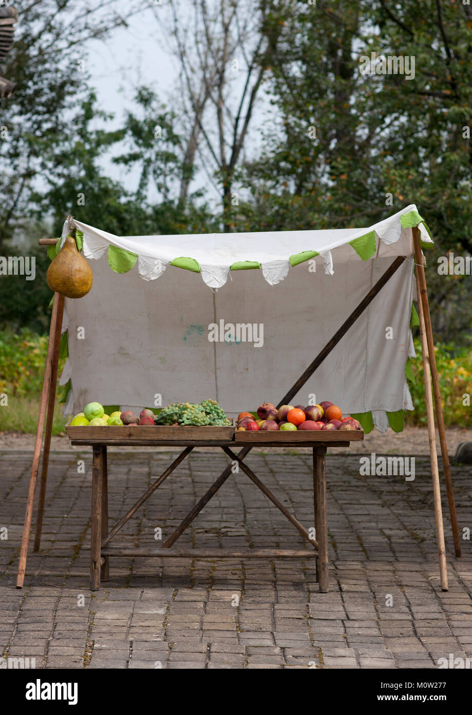 Fake fruits stand at Pyongyang film studio, Pyongan Province, Pyongyang