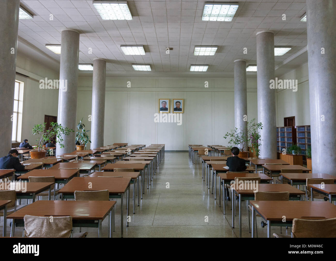 Multimedia room of the Grand people's study house with the offcial portraits of the Dear Leaders