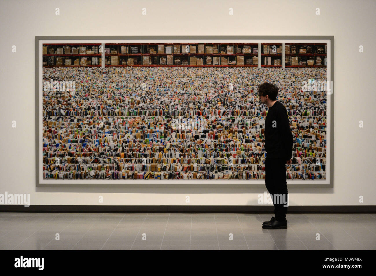 A visitor looks at Amazon by Andreas Gursky, at the Hayward Gallery in London after the gallery reopens with a major retrospective of work by the German photographer. Stock Photo