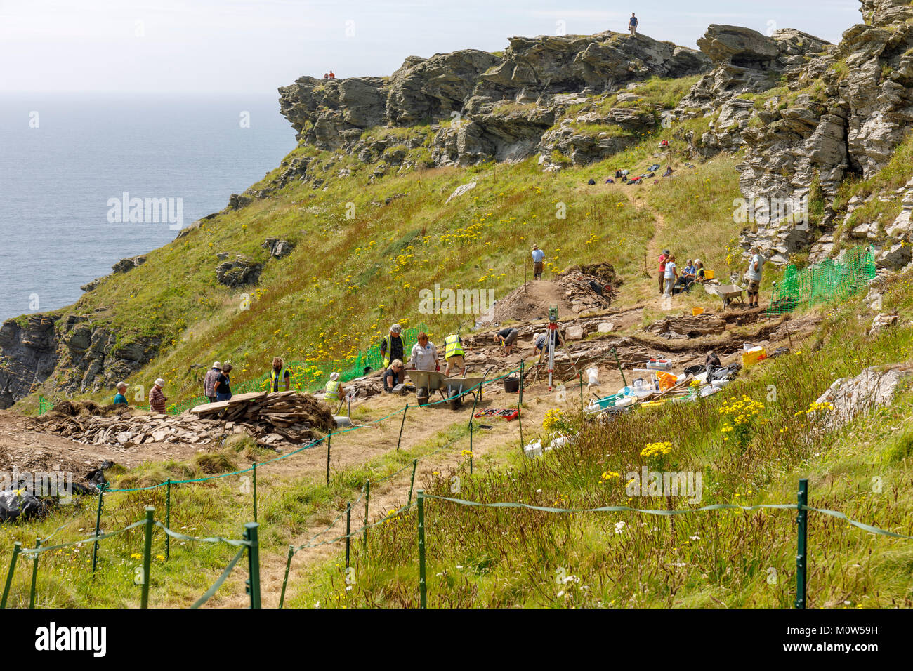 Tintagel headland; archaeological dig exposing a pre Christianity fiefdom dwelling whose occupier controlled the trade routes up the Bristol Channel. Stock Photo