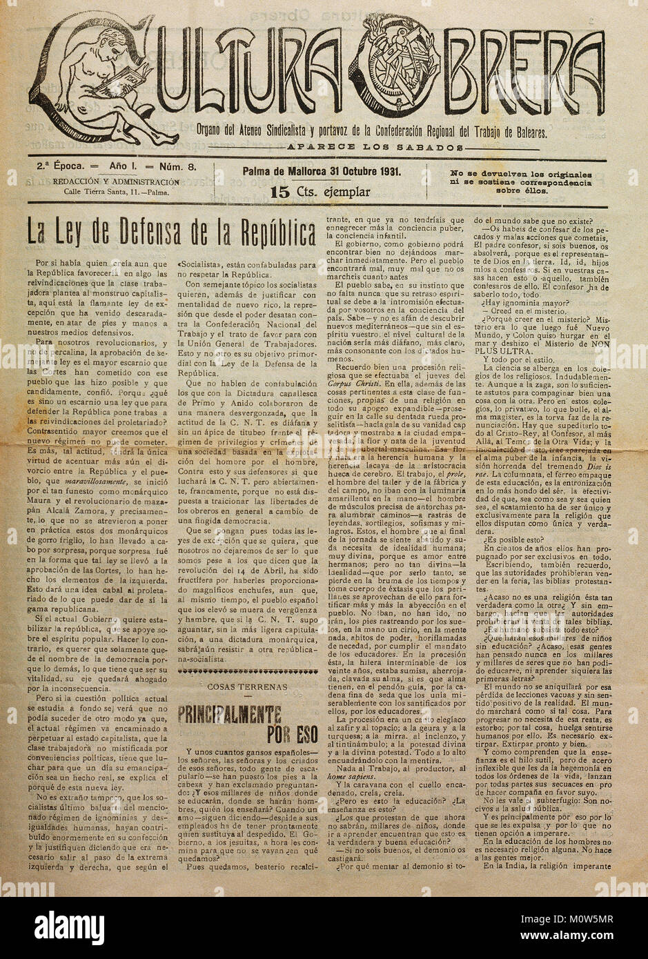 Second Spanish Republic (1931-1939). Balearic Islands. Press. 20th century. 'Cultura Obrera'. Mallorcan Union body. Weekly newspaper. 1st year. Number 8. October 31, 1931. Stock Photo