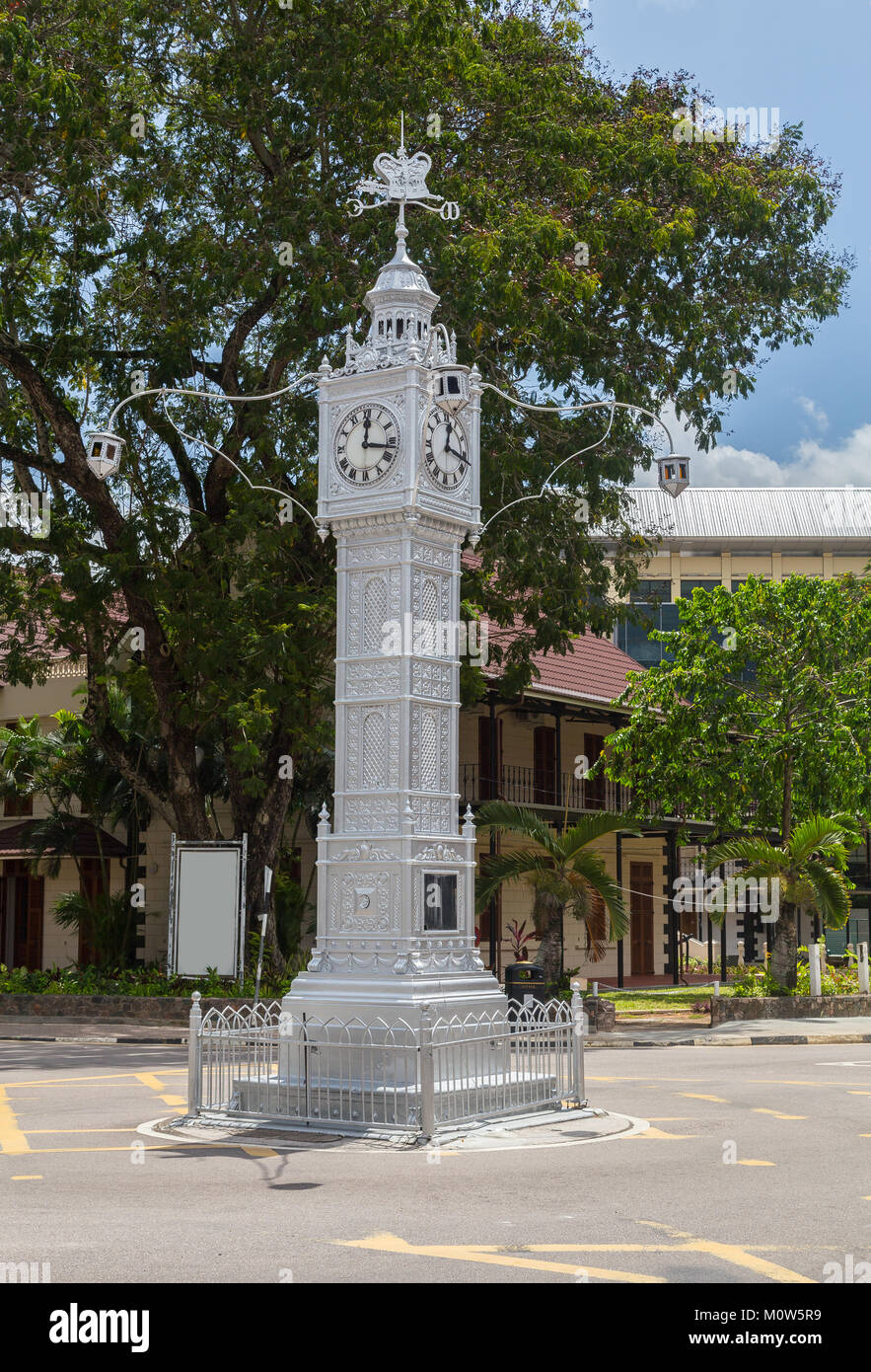 Clocktower in Victoria Mahe Seychelles. Stock Photo