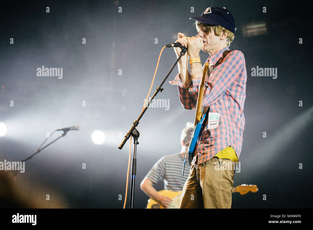 The American indie rock band Deerhunter performs a live concert at the Arena Stage at Roskilde Festival 2014. Here lead singer and musician Bradford Cox is pictured live on stage. Denmark 06.07.2014. Stock Photo