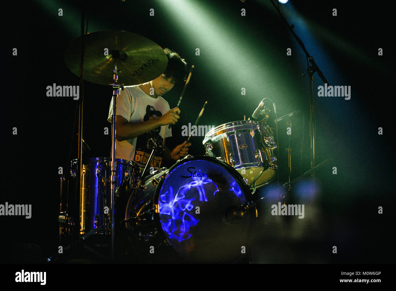 The American indie rock band Deerhunter performs a live concert at the Arena Stage at Roskilde Festival 2014. Here drummer Moses Archuleta is pictured live on stage. Denmark 06.07.2014. Stock Photo