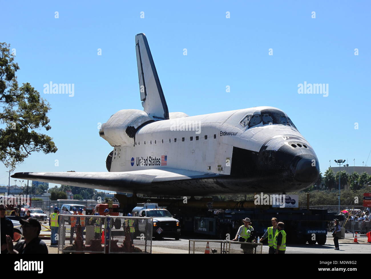 Los Angeles, CA - Oct. 13, 2012: NASA's Endeavour space shuttle is on display during the retirement parade for the spacecraft, first launched in 1992. Stock Photo