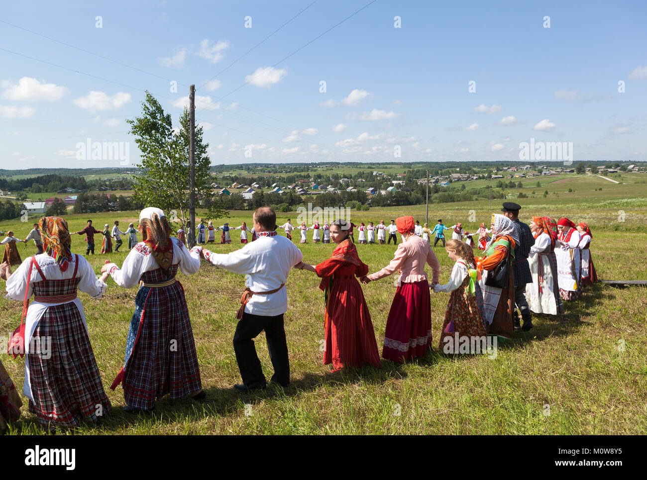 Shelota, Verkhovazhsky district, Vologda region, Russia - June 23, 2013: Big dance at the festival of the Holy Trinity. Patronal Feast of the Blessed  Stock Photo