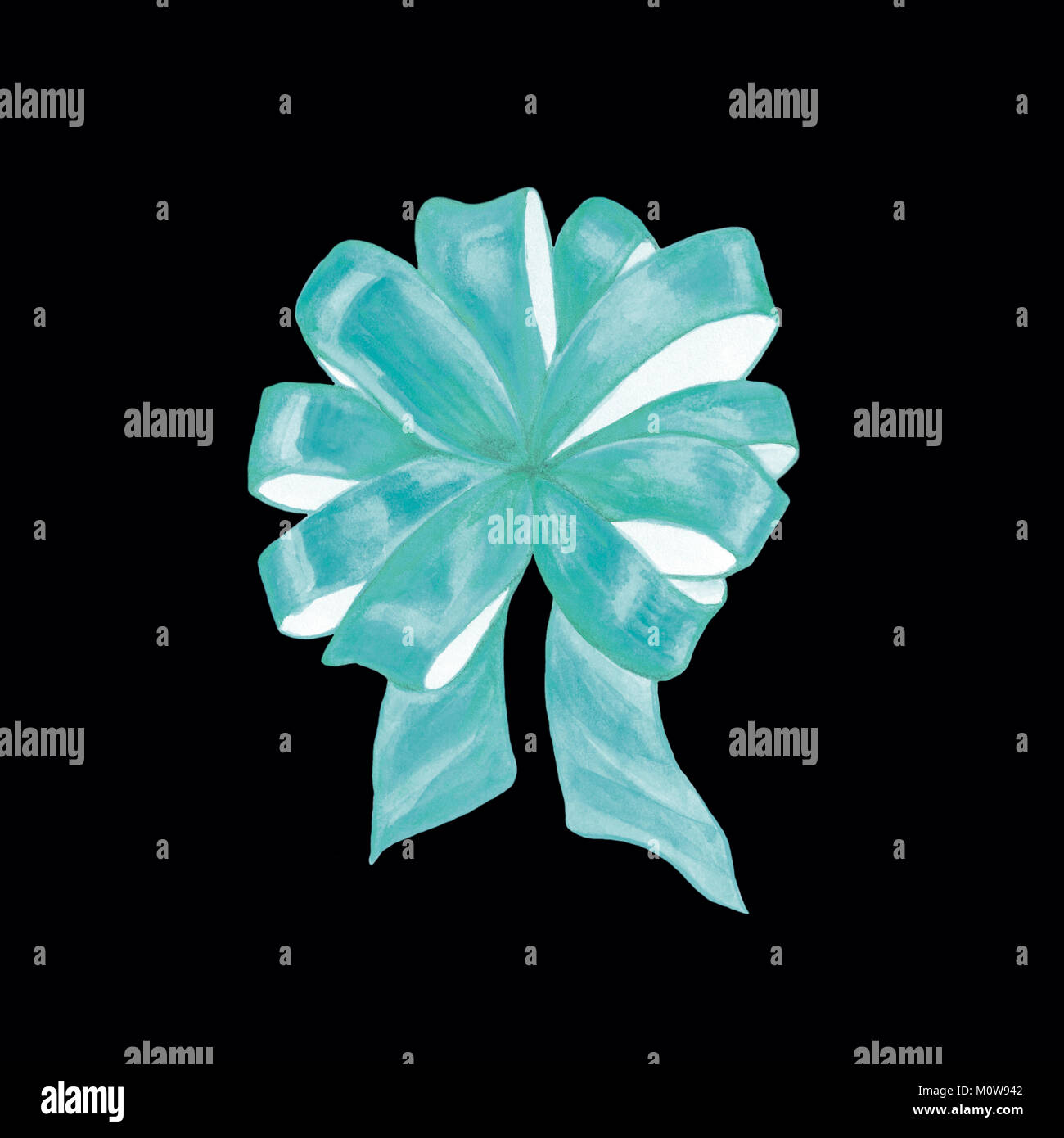 Watercolor image of a tied ribbon bow on a black background. Isolated