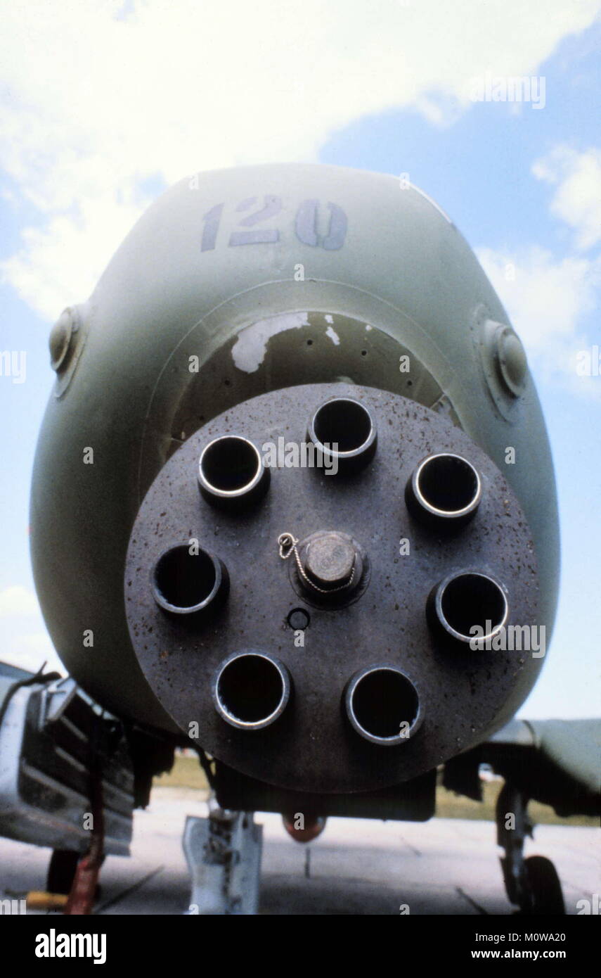 30 mm Gatling six barrels gun of an antitank A 10 aircraft on the USA base of  Aviano (Pordenone, Italy), it uses deplete uranium armor-piercing ammunitions Stock Photo