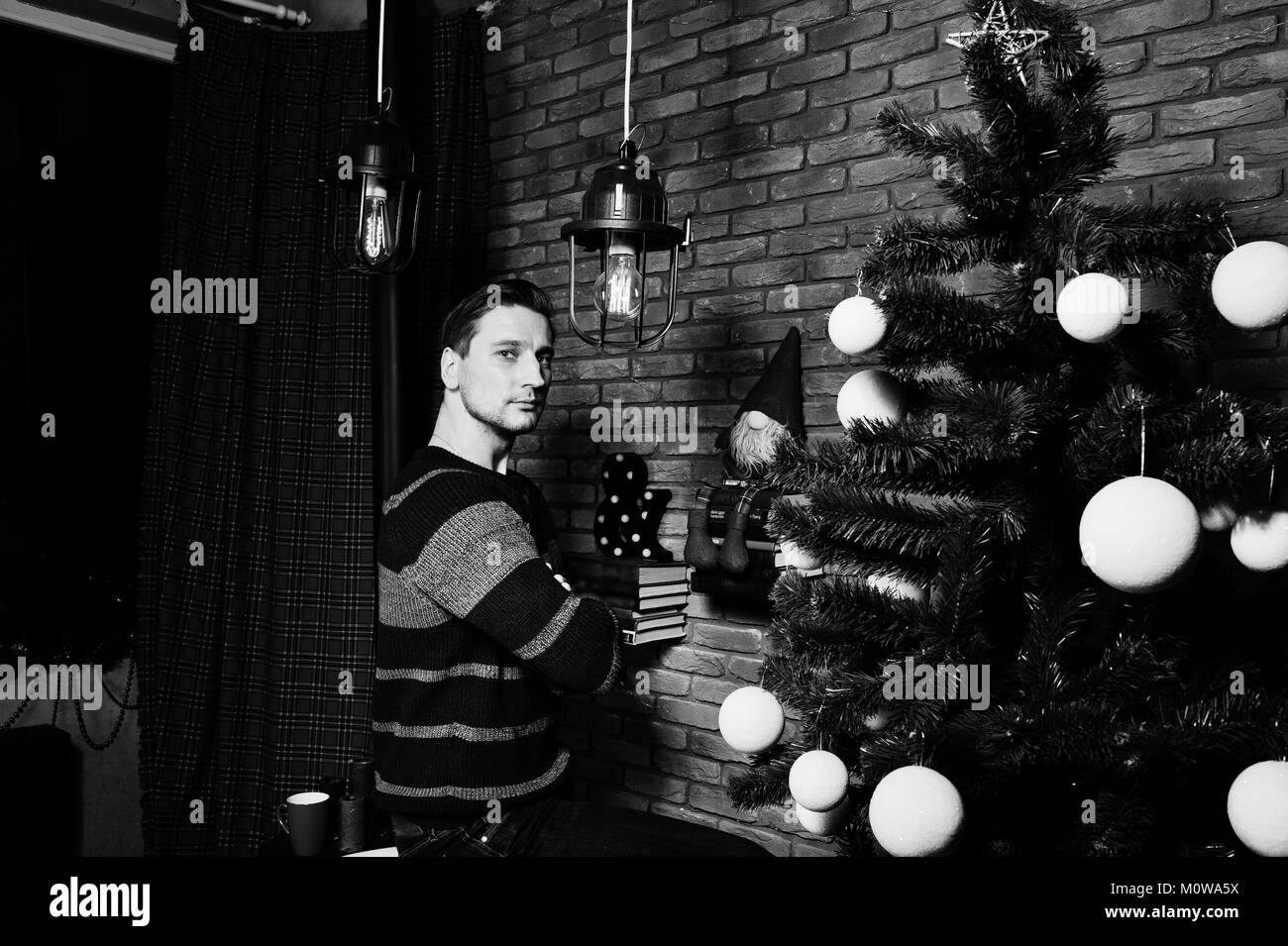 Studio portrait of man against christmass tree with decorations. Stock Photo