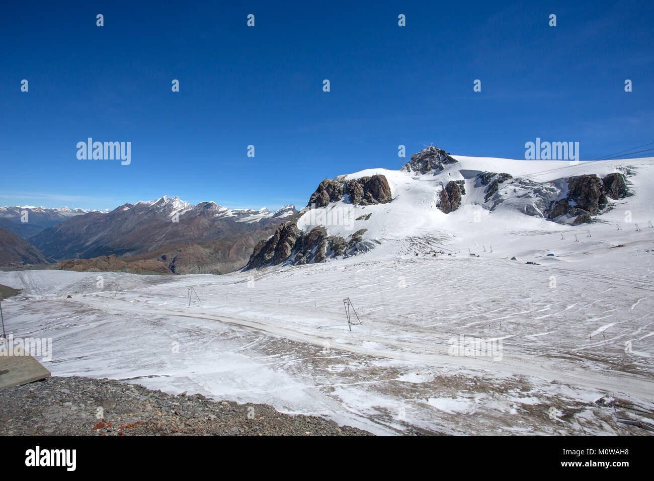 View of Plateau Rosa in Val D'Aosta, Italy. It is a glacier located in the Swiss Valais in the Pennine Alps, just beyond the Italian-Swiss border, in  Stock Photo