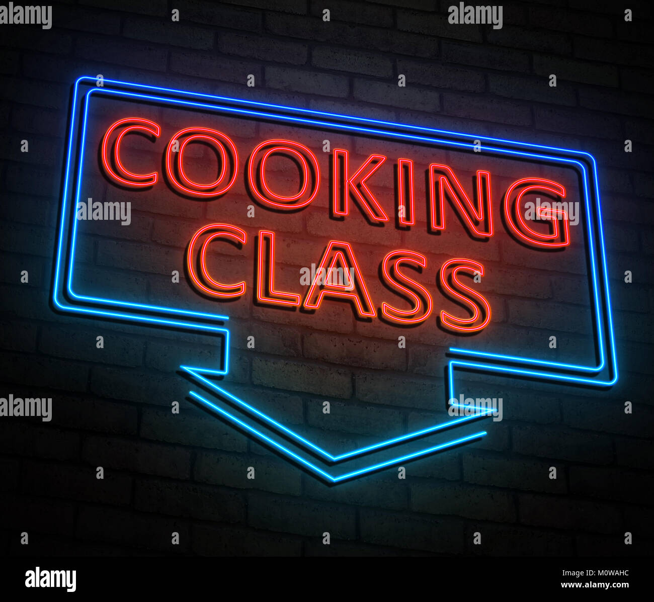 3d Illustration depicting an illuminated neon sign with a cooking class ...