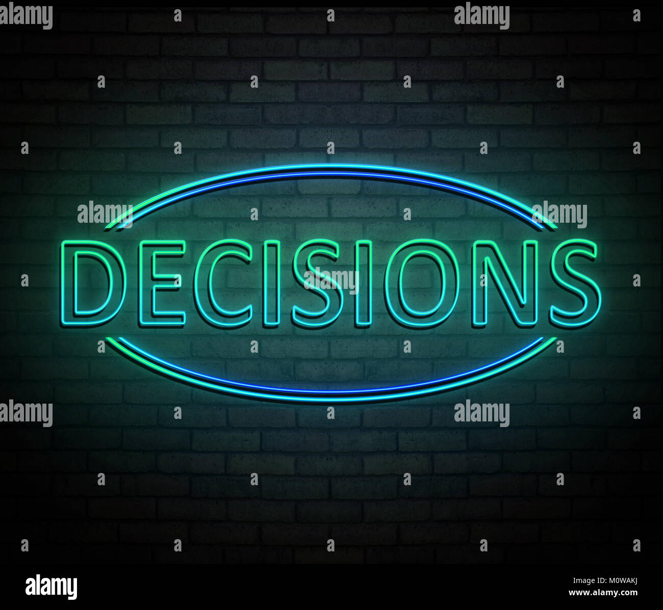 3d Illustration depicting an illuminated neon sign with a decisions concept. Stock Photo